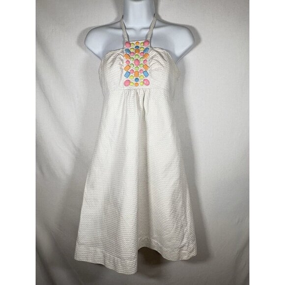 LILLY PULITZER White Jacquard Halter Dress Beaded Apron Size 2 Summer Preppy - Picture 1 of 11